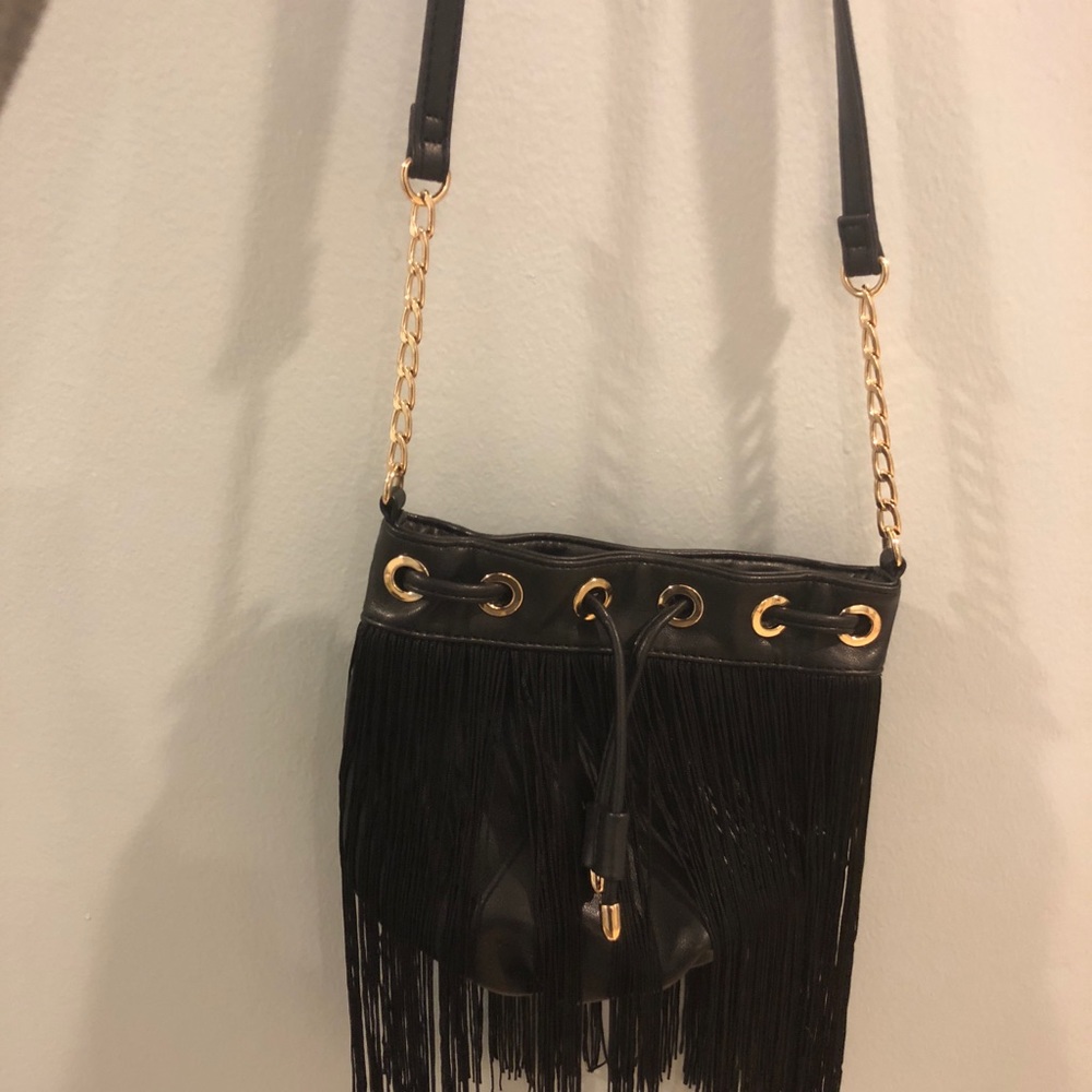 Black fun flirty fringe messenger bag